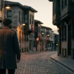 Türk şehrinin tarihi taş sokağında alacakaranlıkta düşünceli duran anonim bir figür — TCK m. 123 ve m. 123/A kapsamında kişilik haklarının ve özel yaşamın korunmasını temsili olarak yansıtıyor