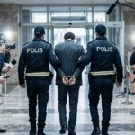 Türk polisi eşliğinde basın önünde kelepçeli olarak yürütülen şüpheli — adliye çıkışı