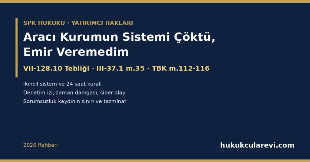 Aracı Kurumun Sistemi Çöktü, Emir Veremedim 2026: Bilgi Sistemleri Yönetimine İlişkin Usul ve Esaslar Tebliği (VII-128.10) — İkincil Sistem ve 24 Saat Kuralı, Kapasite ve Performans, Denetim İzi ve 5 Yıl Saklama, Siber Olayda Bildirim, Elektronik Emir Kuralları (III-37.1 m.35) ve Zararın Tazmini Aracı Kurumun Sistemi Çöktü, Emir Veremedim 2026: Bilgi Sistemleri Yönetimine İlişkin Usul ve Esaslar Tebliği (VII-128.10) — İkincil Sistem ve 24 Saat Kuralı, Kapasite ve Performans, Denetim İzi ve 5 Yıl Saklama, Siber Olayda Bildirim, Elektronik Emir Kuralları (III-37.1 m.35) ve Zararın Tazmini