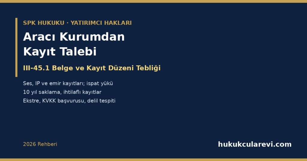 Aracı Kurumdan Emir, Ses ve Ekstre Kayıtlarımı Nasıl İsterim? 2026: III-45.1 Belge ve Kayıt Düzeni Tebliği — Sözlü Emirde İspat Yükü, Emir Formu, İşlem Sonuç Formu, 10 Yıl Saklama, İhtilaflı Kayıtların Muhafazası, Hesap Ekstresi, KVKK Başvurusu ve Delil Tespiti Aracı Kurumdan Emir, Ses ve Ekstre Kayıtlarımı Nasıl İsterim? 2026: III-45.1 Belge ve Kayıt Düzeni Tebliği — Sözlü Emirde İspat Yükü, Emir Formu, İşlem Sonuç Formu, 10 Yıl Saklama, İhtilaflı Kayıtların Muhafazası, Hesap Ekstresi, KVKK Başvurusu ve Delil Tespiti