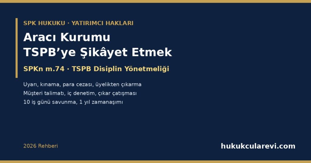 Aracı Kurumu TSPB’ye Şikâyet Etmek ve TSPB Disiplin Soruşturması 2026: SPKn m.74, TSPB Statüsü m.7 ve m.24, TSPB Disiplin Yönetmeliği — Uyarı, Kınama, İdari Para Cezası, Üyelikten Geçici ve Sürekli Çıkarma, Disiplin Komitesi, 10 İş Günü Savunma, 1 Yıl Zamanaşımı ve SPK’ya İtiraz Aracı Kurumu TSPB’ye Şikâyet Etmek ve TSPB Disiplin Soruşturması 2026: SPKn m.74, TSPB Statüsü m.7 ve m.24, TSPB Disiplin Yönetmeliği — Uyarı, Kınama, İdari Para Cezası, Üyelikten Geçici ve Sürekli Çıkarma, Disiplin Komitesi, 10 İş Günü Savunma, 1 Yıl Zamanaşımı ve SPK’ya İtiraz