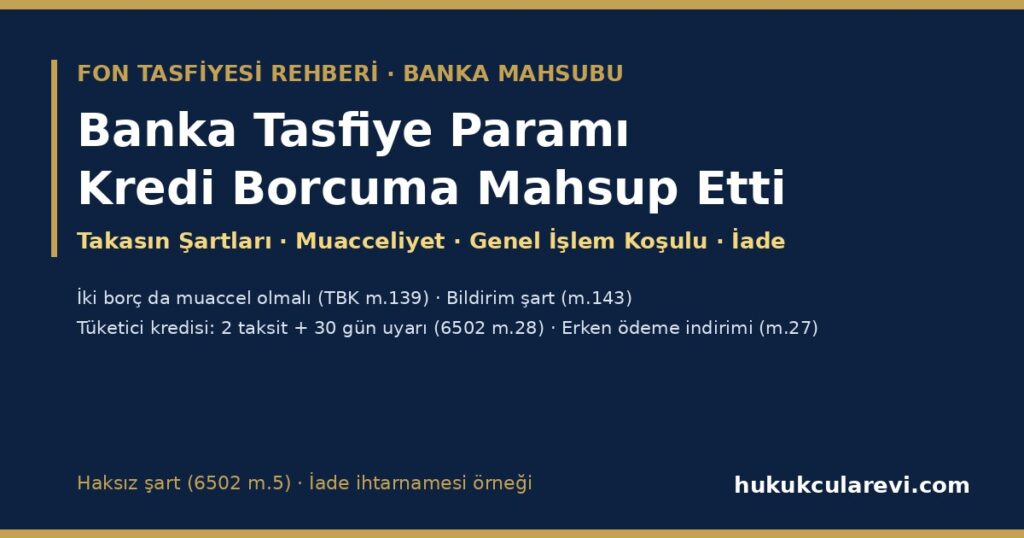 Tasfiye Param Hesabıma Yattı, Banka Kredi Borcuma Mahsup Etti 2026 — Takasın Şartları (TBK m.139, 143, 144), Tüketici Kredisinde Muacceliyet (6502 m.28, 34), Genel Takas Hükmünün Denetimi (TBK m.21, 25; 6502 m.5), Erken Ödeme İndirimi ve İade Talebi (İhtarname Örneğiyle) Tasfiye Param Hesabıma Yattı, Banka Kredi Borcuma Mahsup Etti 2026 — Takasın Şartları (TBK m.139, 143, 144), Tüketici Kredisinde Muacceliyet (6502 m.28, 34), Genel Takas Hükmünün Denetimi (TBK m.21, 25; 6502 m.5), Erken Ödeme İndirimi ve İade Talebi (İhtarname Örneğiyle)