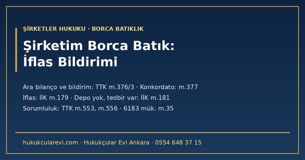 Şirketim Borca Batık: Yönetim Kurulunun İflas Bildirimi 2026 — Ara Bilanço, Mahkemeye Bildirim, Alacakların Sıra Sonrasına Konması, Konkordato Seçeneği ve Yöneticinin Kişisel Sorumluluğu (TTK m.376/3, m.377, m.378, m.553, m.633; İİK m.178, m.179, m.181) Şirketim Borca Batık: Yönetim Kurulunun İflas Bildirimi 2026 — Ara Bilanço, Mahkemeye Bildirim, Alacakların Sıra Sonrasına Konması, Konkordato Seçeneği ve Yöneticinin Kişisel Sorumluluğu (TTK m.376/3, m.377, m.378, m.553, m.633; İİK m.178, m.179, m.181)