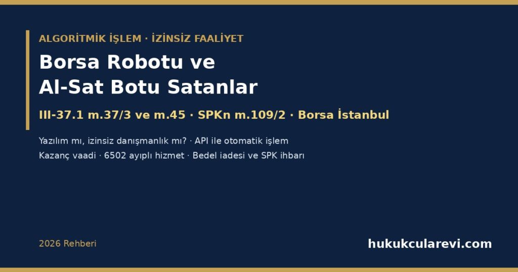 Borsa Robotu ve Al-Sat Botu Satanlar 2026: Yazılım mı, İzinsiz Yatırım Danışmanlığı mı? — III-37.1 m.37/3 ve m.45, SPKn m.109/2, Borsa İstanbul Algoritmik İşlemler Prosedürü, API ile Otomatik İşlem, Kazanç Vaadi, 6502 Ayıplı Hizmet ve Parayı Geri Alma Borsa Robotu ve Al-Sat Botu Satanlar 2026: Yazılım mı, İzinsiz Yatırım Danışmanlığı mı? — III-37.1 m.37/3 ve m.45, SPKn m.109/2, Borsa İstanbul Algoritmik İşlemler Prosedürü, API ile Otomatik İşlem, Kazanç Vaadi, 6502 Ayıplı Hizmet ve Parayı Geri Alma