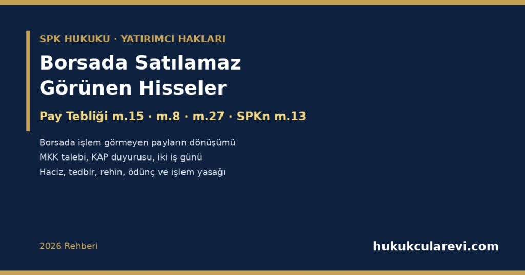 Borsada Satılamaz Görünen Hisseler 2026: Borsada İşlem Görmeyen Nitelikteki Payların Dönüştürülmesi (Pay Tebliği m.15) — MKK Talebi, Kurul Ücreti, KAP Duyurusu ve İki İş Günü Kuralı, Pay Satış Bilgi Formu (m.27), Halka Arz Sonrası Satış Yasağı (m.8), Kaydileştirilmemiş Eski Senetler (SPKn m.13/4), Haciz, Tedbir, Rehin, Ödünç ve İşlem Yasağı Borsada Satılamaz Görünen Hisseler 2026: Borsada İşlem Görmeyen Nitelikteki Payların Dönüştürülmesi (Pay Tebliği m.15) — MKK Talebi, Kurul Ücreti, KAP Duyurusu ve İki İş Günü Kuralı, Pay Satış Bilgi Formu (m.27), Halka Arz Sonrası Satış Yasağı (m.8), Kaydileştirilmemiş Eski Senetler (SPKn m.13/4), Haciz, Tedbir, Rehin, Ödünç ve İşlem Yasağı