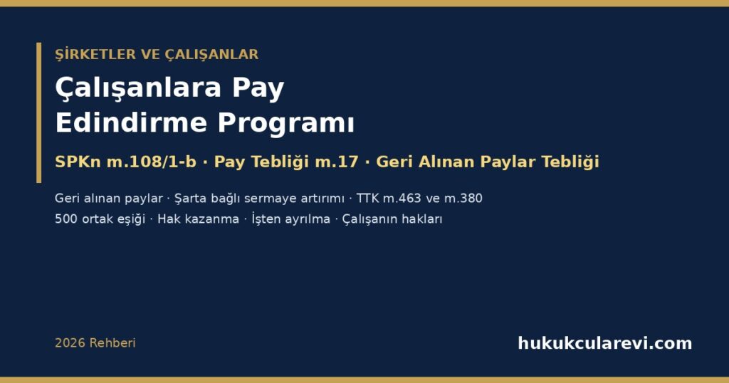 Çalışanlara Pay Edindirme Programı (Hisse Opsiyonu) 2026: SPKn m.108/1-b, Pay Tebliği m.17 Şarta Bağlı Sermaye Artırımı, Geri Alınan Paylar Tebliği m.7 ve m.19, TTK m.380 ve m.463, 500 Ortak Eşiği, Hak Kazanma, İşten Ayrılma ve Çalışanın Hakları Çalışanlara Pay Edindirme Programı (Hisse Opsiyonu) 2026: SPKn m.108/1-b, Pay Tebliği m.17 Şarta Bağlı Sermaye Artırımı, Geri Alınan Paylar Tebliği m.7 ve m.19, TTK m.380 ve m.463, 500 Ortak Eşiği, Hak Kazanma, İşten Ayrılma ve Çalışanın Hakları