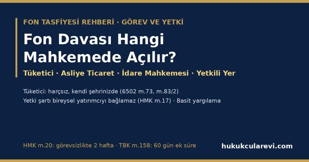 Fon Davası Hangi Mahkemede Açılır? 2026 — Tüketici Mahkemesi mi, Asliye Ticaret mi, İdare Mahkemesi mi? Görev ve Yetki (6502 m.73, 83; TTK m.4-5; HMK m.6-20), Yetki Şartı, Basit Yargılama ve Görevsizlik Kararından Sonra İki Haftalık Süre (Dilekçe Örneğiyle) Fon Davası Hangi Mahkemede Açılır? 2026 — Tüketici Mahkemesi mi, Asliye Ticaret mi, İdare Mahkemesi mi? Görev ve Yetki (6502 m.73, 83; TTK m.4-5; HMK m.6-20), Yetki Şartı, Basit Yargılama ve Görevsizlik Kararından Sonra İki Haftalık Süre (Dilekçe Örneğiyle)