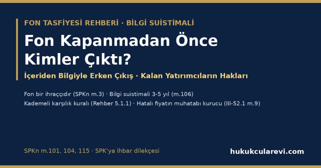 Fon Kapanmadan Önce Kimler Çıktı? 2026 — İçeriden Bilgiyle Erken Çıkış ve Bilgi Suistimali (SPKn m.106), Fon Fiyatının Belirlenmesi ve Kademeli Karşılık Kuralı (Rehber 5.1.1), Hatalı Fiyatta Kurucunun Sorumluluğu ve Kalan Yatırımcıların Hakları (SPK İhbar Dilekçesiyle) Fon Kapanmadan Önce Kimler Çıktı? 2026 — İçeriden Bilgiyle Erken Çıkış ve Bilgi Suistimali (SPKn m.106), Fon Fiyatının Belirlenmesi ve Kademeli Karşılık Kuralı (Rehber 5.1.1), Hatalı Fiyatta Kurucunun Sorumluluğu ve Kalan Yatırımcıların Hakları (SPK İhbar Dilekçesiyle)