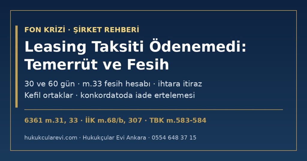 Fon Kilidi Nedeniyle Leasing Taksiti Ödenemedi 2026: Finansal Kiralamada Temerrüt ve Fesih — 6361 m.31 (30 ve 60 Gün), m.33 Fesih Hesabı, İİK m.68/b İhtarname, Kefil Ortaklar, Arabuluculuk ve Konkordatoda İade Ertelemesi (İİK m.307) Fon Kilidi Nedeniyle Leasing Taksiti Ödenemedi 2026: Finansal Kiralamada Temerrüt ve Fesih — 6361 m.31 (30 ve 60 Gün), m.33 Fesih Hesabı, İİK m.68/b İhtarname, Kefil Ortaklar, Arabuluculuk ve Konkordatoda İade Ertelemesi (İİK m.307)