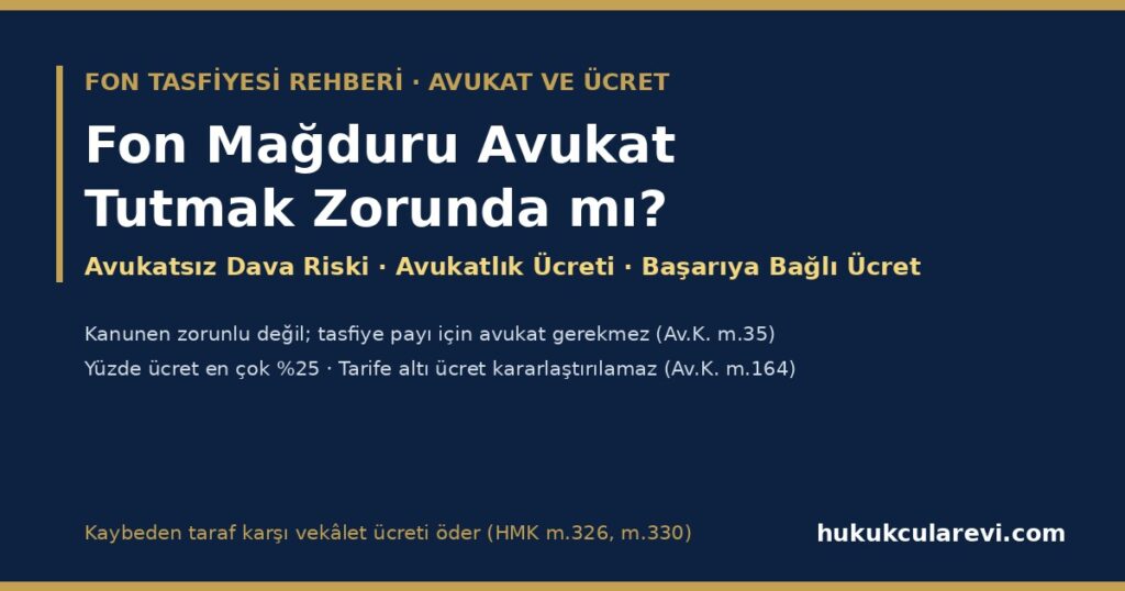 Fon Mağduru Avukat Tutmak Zorunda mı? 2026 — Avukatsız Dava Riski, Karşı Vekâlet Ücreti, Avukatlık Ücreti ve Başarıya Bağlı Ücret (Av.K. m.35, 163, 164, 174; HMK m.323-330; AAÜT 2025-2026) (Ücret Sözleşmesi Örneğiyle) Fon Mağduru Avukat Tutmak Zorunda mı? 2026 — Avukatsız Dava Riski, Karşı Vekâlet Ücreti, Avukatlık Ücreti ve Başarıya Bağlı Ücret (Av.K. m.35, 163, 164, 174; HMK m.323-330; AAÜT 2025-2026) (Ücret Sözleşmesi Örneğiyle)
