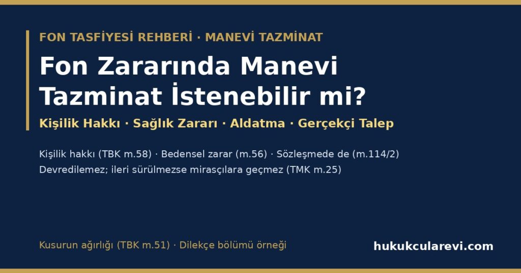 Fon Zararında Manevi Tazminat İstenebilir mi? 2026 — Kişilik Hakkı (TBK m.58), Sağlık Zararı (m.56), Sözleşmede Manevi Tazminat (m.114/2), Kusurun Ağırlığı (m.51-52), Devredilemezlik ve Mirasçılar (TMK m.25), Gerçekçi Talep ve Dilekçe Bölümü Örneği Fon Zararında Manevi Tazminat İstenebilir mi? 2026 — Kişilik Hakkı (TBK m.58), Sağlık Zararı (m.56), Sözleşmede Manevi Tazminat (m.114/2), Kusurun Ağırlığı (m.51-52), Devredilemezlik ve Mirasçılar (TMK m.25), Gerçekçi Talep ve Dilekçe Bölümü Örneği