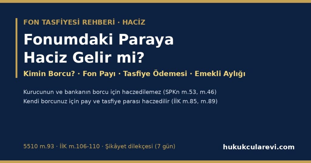 Fonumdaki Paraya Haciz Gelir mi? 2026 — Kurucunun ve Bankanın Borcu İçin Neden Gelmez (SPKn m.53, m.46), Kendi Borcunuz İçin Fon Payı ve Tasfiye Ödemesinin Haczi (İİK m.85, m.89), Emekli Aylığı Hesabı, Satış İsteme Süresi ve Şikâyet (Dilekçe Örneğiyle) Fonumdaki Paraya Haciz Gelir mi? 2026 — Kurucunun ve Bankanın Borcu İçin Neden Gelmez (SPKn m.53, m.46), Kendi Borcunuz İçin Fon Payı ve Tasfiye Ödemesinin Haczi (İİK m.85, m.89), Emekli Aylığı Hesabı, Satış İsteme Süresi ve Şikâyet (Dilekçe Örneğiyle)