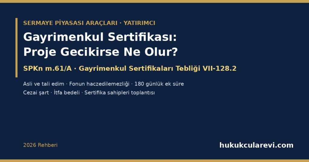 Gayrimenkul Sertifikası 2026: Sertifikayla Nasıl Ev Sahibi Olunur, Proje Gecikirse veya Tamamlanmazsa Yatırımcının Hakları — SPKn m.61/A ve VII-128.2 Tebliği: Asli ve Tali Edim, 180 Günlük Ek Süre, Cezai Şart, İtfa Bedeli, Sertifika Sahipleri Toplantısı ve Fonun Haczedilemezliği Gayrimenkul Sertifikası 2026: Sertifikayla Nasıl Ev Sahibi Olunur, Proje Gecikirse veya Tamamlanmazsa Yatırımcının Hakları — SPKn m.61/A ve VII-128.2 Tebliği: Asli ve Tali Edim, 180 Günlük Ek Süre, Cezai Şart, İtfa Bedeli, Sertifika Sahipleri Toplantısı ve Fonun Haczedilemezliği