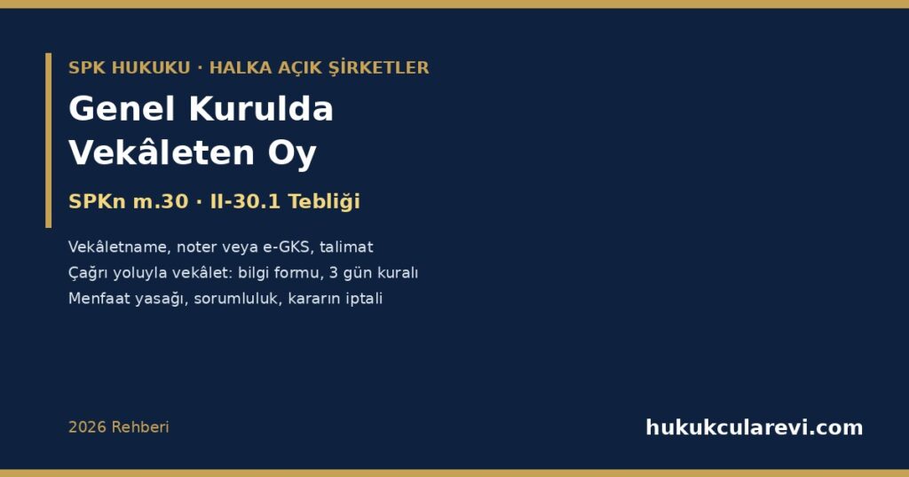 Halka Açık Şirket Genel Kurulunda Vekâleten Oy ve Çağrı Yoluyla Vekâlet Toplama 2026: SPKn m.30 ve II-30.1 Tebliği — Vekâletname Formu, Noter Onayı veya e-GKS, Talimat ve Vekilin Sorumluluğu, Bilgi Formu, Üç Gün Kuralı, Menfaat Yasağı ve Genel Kurul Kararının İptali Halka Açık Şirket Genel Kurulunda Vekâleten Oy ve Çağrı Yoluyla Vekâlet Toplama 2026: SPKn m.30 ve II-30.1 Tebliği — Vekâletname Formu, Noter Onayı veya e-GKS, Talimat ve Vekilin Sorumluluğu, Bilgi Formu, Üç Gün Kuralı, Menfaat Yasağı ve Genel Kurul Kararının İptali