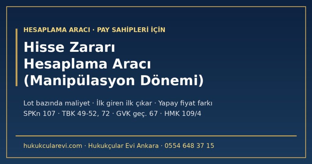 Hisse Zararı Hesaplama Aracı 2026: Manipülasyon Döneminde Alınan Paylarda Ortalama Maliyet ve Zarar — İlk Giren İlk Çıkar, Yapay Fiyat Farkı, İlliyet ve Denkleştirme, Kısmi Dava (HMK m.109/4) ve Bilirkişi Hisse Zararı Hesaplama Aracı 2026: Manipülasyon Döneminde Alınan Paylarda Ortalama Maliyet ve Zarar — İlk Giren İlk Çıkar, Yapay Fiyat Farkı, İlliyet ve Denkleştirme, Kısmi Dava (HMK m.109/4) ve Bilirkişi