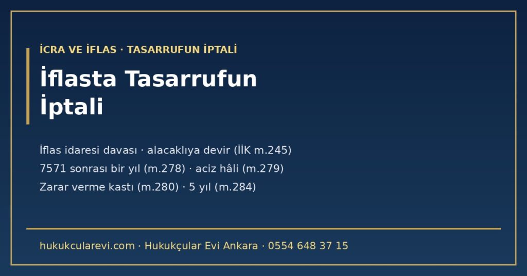 İflasta Tasarrufun İptali 2026 — İflastan Önce Kaçırılan Mallar Masaya Nasıl Döner? İflas İdaresinin Davası, Alacaklıya Devir, 7571 Sonrası Bir Yıllık Süre, Aciz Hâlindeki Ödemeler ve Zarar Verme Kastı (İİK m.191, m.245, m.277-284) İflasta Tasarrufun İptali 2026 — İflastan Önce Kaçırılan Mallar Masaya Nasıl Döner? İflas İdaresinin Davası, Alacaklıya Devir, 7571 Sonrası Bir Yıllık Süre, Aciz Hâlindeki Ödemeler ve Zarar Verme Kastı (İİK m.191, m.245, m.277-284)