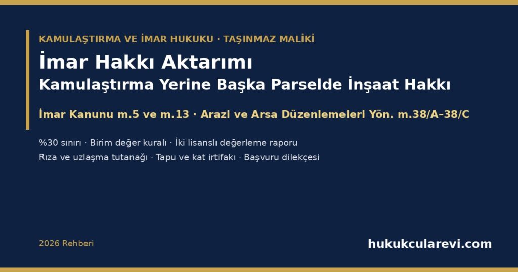 İmar Hakkı Aktarımı 2026: Kamulaştırma Yerine Başka Parselde İnşaat Hakkı — Şartlar, %30 Sınırı, Değer Tespiti ve Başvuru (İmar Kanunu m.13) İmar Hakkı Aktarımı 2026: Kamulaştırma Yerine Başka Parselde İnşaat Hakkı — Şartlar, %30 Sınırı, Değer Tespiti ve Başvuru (İmar Kanunu m.13)