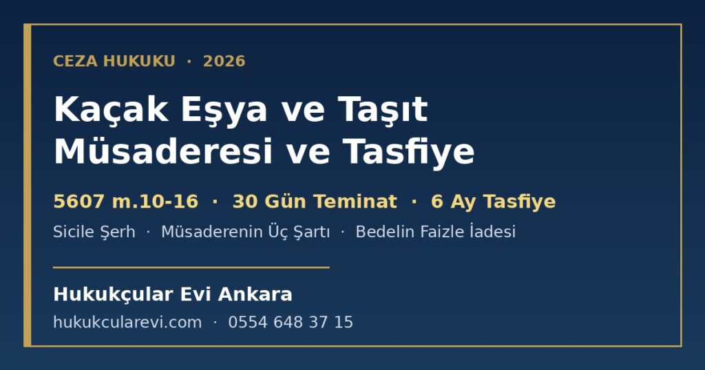 Kaçak Eşya ve Taşıt Müsaderesi, El Koyma ve Tasfiye 2026: 5607 m.10-16 — Sicile Şerh, Otuz Günlük Teminat, Müsaderenin Üç Şartı, Altı Aylık Tasfiye Süresi, Kaim Değer ve Satış Bedelinin Faizle İadesi Kaçak Eşya ve Taşıt Müsaderesi, El Koyma ve Tasfiye 2026: 5607 m.10-16 — Sicile Şerh, Otuz Günlük Teminat, Müsaderenin Üç Şartı, Altı Aylık Tasfiye Süresi, Kaim Değer ve Satış Bedelinin Faizle İadesi