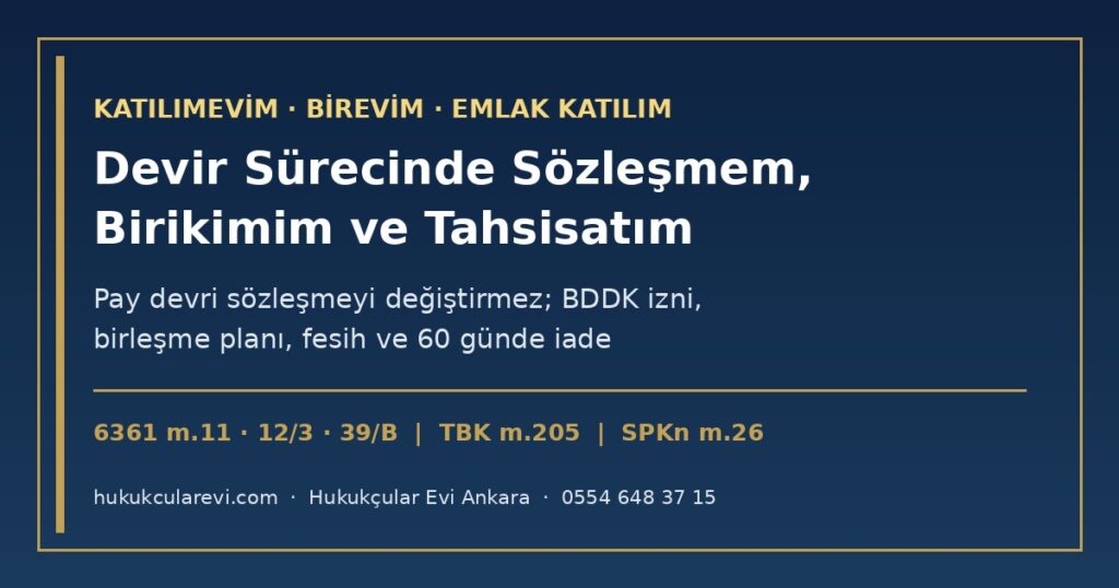 Katılımevim ve Birevim Emlak Katılım’a Devrediliyor: Sözleşmem, Birikimim ve Tahsisat Tarihim Ne Olur? 2026 — Pay Devri İzni (6361 m.11), Birleşme Planı ve İzin İptali (m.12/3), Sözleşmenin Devri (TBK m.205), Fesih ve 60 Günde İade, 1 Ekim BDDK Kuralları ve KTLEV İçin Pay Alım Teklifi (SPKn m.26) Katılımevim ve Birevim Emlak Katılım’a Devrediliyor: Sözleşmem, Birikimim ve Tahsisat Tarihim Ne Olur? 2026 — Pay Devri İzni (6361 m.11), Birleşme Planı ve İzin İptali (m.12/3), Sözleşmenin Devri (TBK m.205), Fesih ve 60 Günde İade, 1 Ekim BDDK Kuralları ve KTLEV İçin Pay Alım Teklifi (SPKn m.26)