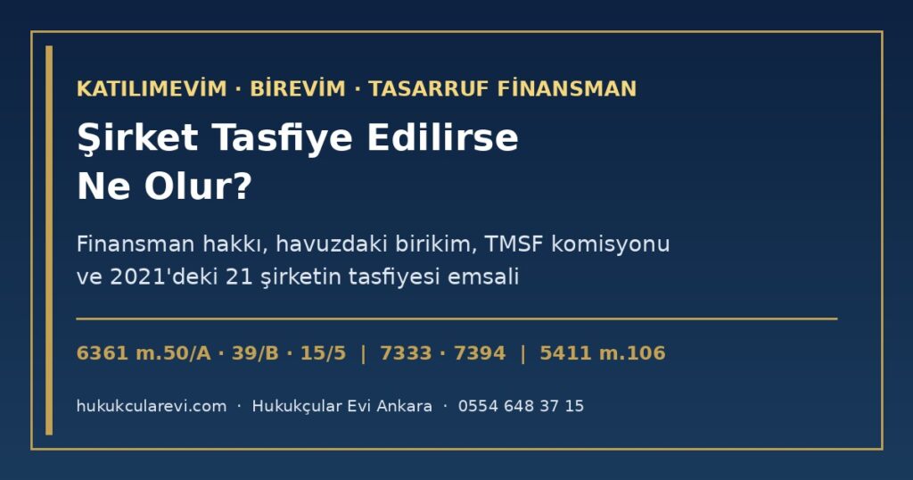 Katılımevim veya Birevim Tasfiye Edilirse Ne Olur? 2026 — Faaliyet İzninin Kaldırılması ve Tasfiye (6361 m.50/A), TMSF’nin Atadığı Tasfiye Komisyonu (7333 s.K.), Finansman Hakkının Düşmesi, Tasarruf Fon Havuzunun Korunması (m.39/B) ve Binde Beş (m.15/5), Teslimat Almış ve Almamış Müşteriler, 2021’deki 21 Şirketin Tasfiyesi ve Sözleşmelerin Devri Emsali Katılımevim veya Birevim Tasfiye Edilirse Ne Olur? 2026 — Faaliyet İzninin Kaldırılması ve Tasfiye (6361 m.50/A), TMSF’nin Atadığı Tasfiye Komisyonu (7333 s.K.), Finansman Hakkının Düşmesi, Tasarruf Fon Havuzunun Korunması (m.39/B) ve Binde Beş (m.15/5), Teslimat Almış ve Almamış Müşteriler, 2021’deki 21 Şirketin Tasfiyesi ve Sözleşmelerin Devri Emsali