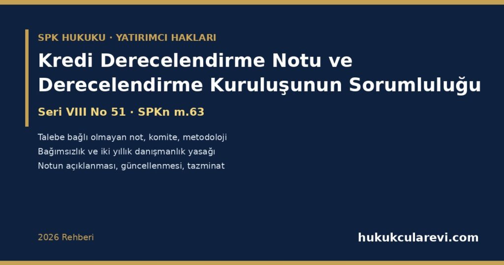 Kredi Derecelendirme Notu ve Derecelendirme Kuruluşunun Sorumluluğu 2026: Seri VIII No 51 Tebliği ve SPKn m.63 — Kredi ve Kurumsal Yönetim Derecelendirmesi, Talebe Bağlı Olmayan Not, Bağımsızlık ve İki Yıllık Danışmanlık Yasağı, Notun Açıklanması ve Güncellenmesi, Notun Zorunlu Olduğu İhraçlar ve Yanlış Nottan Doğan Tazminat Kredi Derecelendirme Notu ve Derecelendirme Kuruluşunun Sorumluluğu 2026: Seri VIII No 51 Tebliği ve SPKn m.63 — Kredi ve Kurumsal Yönetim Derecelendirmesi, Talebe Bağlı Olmayan Not, Bağımsızlık ve İki Yıllık Danışmanlık Yasağı, Notun Açıklanması ve Güncellenmesi, Notun Zorunlu Olduğu İhraçlar ve Yanlış Nottan Doğan Tazminat