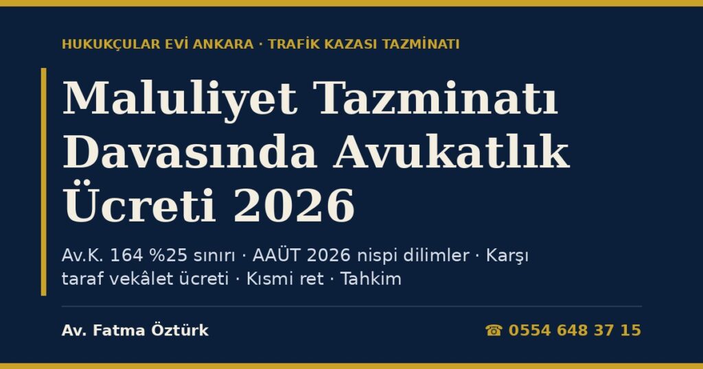 Maluliyet Tazminatı Davasında Avukatlık Ücreti 2026: Avukatlık Kanunu m.164 (%25 Sınırı), AAÜT 2026 Nispi Dilimleri, Karşı Taraf Vekâlet Ücreti, Kısmi Ret ve Sigorta Tahkim Maluliyet Tazminatı Davasında Avukatlık Ücreti 2026: Avukatlık Kanunu m.164 (%25 Sınırı), AAÜT 2026 Nispi Dilimleri, Karşı Taraf Vekâlet Ücreti, Kısmi Ret ve Sigorta Tahkim