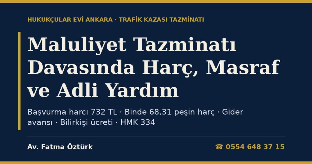 Maluliyet Tazminatı Davasında Harç ve Masraflar 2026: Başvurma ve Peşin Harç (Binde 68,31), Gider Avansı, Bilirkişi Ücreti, Yargılama Giderleri ve Adli Yardım (HMK m.120, 324, 326, 334) Maluliyet Tazminatı Davasında Harç ve Masraflar 2026: Başvurma ve Peşin Harç (Binde 68,31), Gider Avansı, Bilirkişi Ücreti, Yargılama Giderleri ve Adli Yardım (HMK m.120, 324, 326, 334)