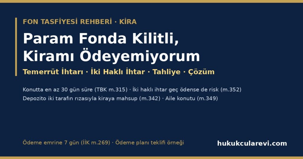Param Fonda Kilitli, Kiramı Ödeyemiyorum 2026: Temerrüt İhtarında Otuz Gün (TBK m.315), İki Haklı İhtar ve Tahliye Riski (m.352), Ödeme Emrine Yedi Gün (İİK m.269), Depozitonun Mahsubu (m.342), Aile Konutu (m.349) ve Erken Çıkış (m.325) — Ödeme Planı Teklifi Örneğiyle Param Fonda Kilitli, Kiramı Ödeyemiyorum 2026: Temerrüt İhtarında Otuz Gün (TBK m.315), İki Haklı İhtar ve Tahliye Riski (m.352), Ödeme Emrine Yedi Gün (İİK m.269), Depozitonun Mahsubu (m.342), Aile Konutu (m.349) ve Erken Çıkış (m.325) — Ödeme Planı Teklifi Örneğiyle