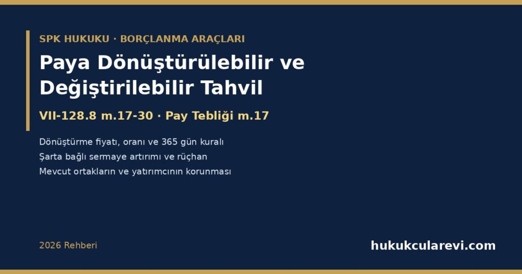 Paya Dönüştürülebilir ve Değiştirilebilir Tahvil (PDT ve DET) 2026: VII-128.8 m.17-30 — Dönüştürme Fiyatı ve Oranı, 365 Gün Kuralı, Dönüştürme Yöntemleri, Yüzde 5 Eşiği, Şarta Bağlı Sermaye Artırımı (Pay Tebliği m.17), Rüçhan Kısıtlaması ve Mevcut Ortakların Korunması Paya Dönüştürülebilir ve Değiştirilebilir Tahvil (PDT ve DET) 2026: VII-128.8 m.17-30 — Dönüştürme Fiyatı ve Oranı, 365 Gün Kuralı, Dönüştürme Yöntemleri, Yüzde 5 Eşiği, Şarta Bağlı Sermaye Artırımı (Pay Tebliği m.17), Rüçhan Kısıtlaması ve Mevcut Ortakların Korunması