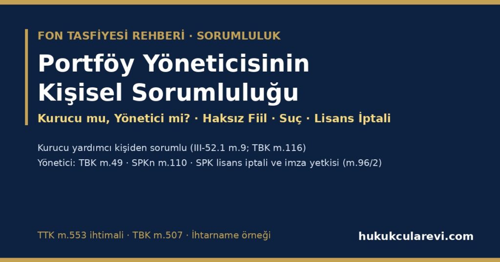 Portföy Yöneticisinin Kişisel Sorumluluğu 2026: Fon Zararında Kurucu mu Yönetici mi? — Yardımcı Kişi Sorumluluğu (TBK m.116, III-52.1 m.9), Haksız Fiil (TBK m.49), TTK m.553 İhtimali, SPKn m.110 Güveni Kötüye Kullanma, SPK Lisans İptali ve Tahsil (İhtarname Örneğiyle) Portföy Yöneticisinin Kişisel Sorumluluğu 2026: Fon Zararında Kurucu mu Yönetici mi? — Yardımcı Kişi Sorumluluğu (TBK m.116, III-52.1 m.9), Haksız Fiil (TBK m.49), TTK m.553 İhtimali, SPKn m.110 Güveni Kötüye Kullanma, SPK Lisans İptali ve Tahsil (İhtarname Örneğiyle)