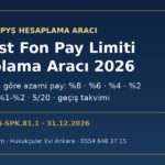 Serbest fon pay limiti hesaplama aracı: fiili dolaşım oranına göre azami pay (%8, %6, %4, %2), toplu sınır, yönetim hâkimiyeti %1-%2 ve 31.12.2026 geçiş takvimi