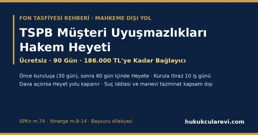 TSPB Müşteri Uyuşmazlıkları Hakem Heyeti 2026: Fon Uyuşmazlığında Ücretsiz Başvuru Yolu — Kuruluşa ve Heyete Başvuru Süreleri, 186.000 TL Bağlayıcılık Sınırı, Kapsam Dışı Hâller, Kurula İtiraz, Dava ve Zamanaşımı ile İlişkisi (Başvuru Dilekçesi Örneğiyle) TSPB Müşteri Uyuşmazlıkları Hakem Heyeti 2026: Fon Uyuşmazlığında Ücretsiz Başvuru Yolu — Kuruluşa ve Heyete Başvuru Süreleri, 186.000 TL Bağlayıcılık Sınırı, Kapsam Dışı Hâller, Kurula İtiraz, Dava ve Zamanaşımı ile İlişkisi (Başvuru Dilekçesi Örneğiyle)