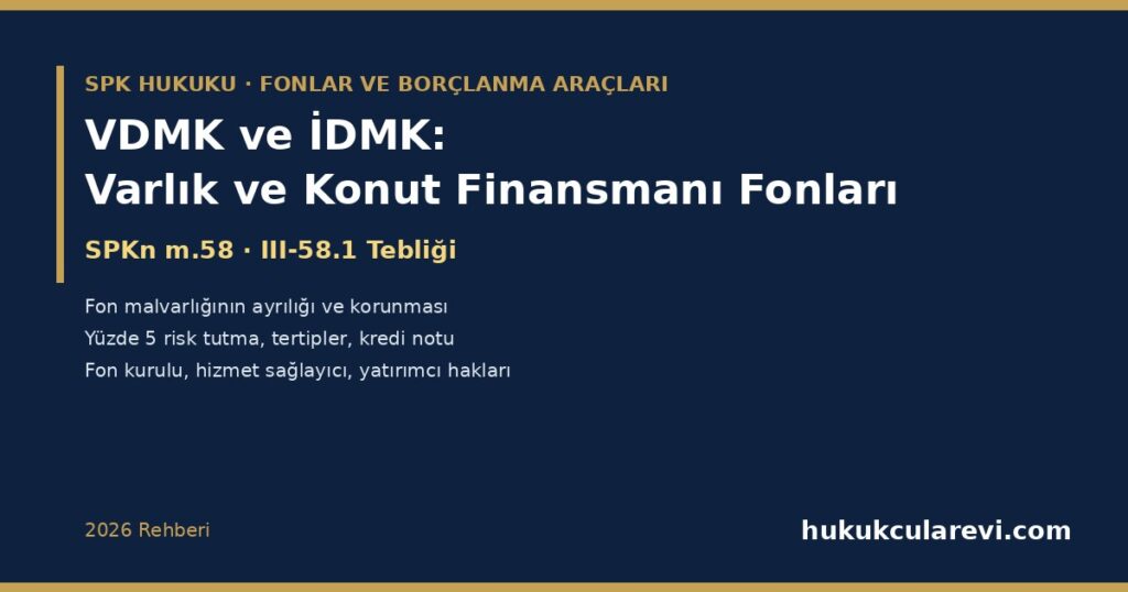 Varlığa ve İpoteğe Dayalı Menkul Kıymet (VDMK ve İDMK) 2026: Varlık ve Konut Finansmanı Fonları — SPKn m.58 ve III-58.1 Tebliği: Kurucular, Fon Kurulu, Yüzde 5 Risk Tutma, Tertipler, Hizmet Sağlayıcı, Fon Malvarlığının Korunması ve Yatırımcının Hakları Varlığa ve İpoteğe Dayalı Menkul Kıymet (VDMK ve İDMK) 2026: Varlık ve Konut Finansmanı Fonları — SPKn m.58 ve III-58.1 Tebliği: Kurucular, Fon Kurulu, Yüzde 5 Risk Tutma, Tertipler, Hizmet Sağlayıcı, Fon Malvarlığının Korunması ve Yatırımcının Hakları