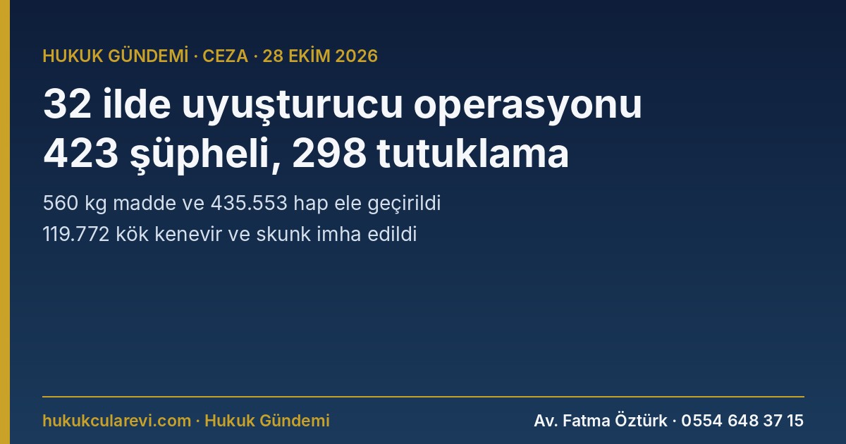 32 İlde Uyuşturucu Operasyonu: 423 Şüpheliden 298’i Tutuklandı, 125’ine Adli Kontrol — 560 Kg Madde ve 435 Bin Hap Ele Geçirildi (28 Ekim 2026)