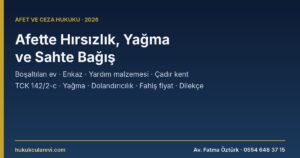 Afette Hırsızlık ve Yağma 2026: Deprem ve Selde Boşaltılan Evden, Enkazdan veya Çadır Kentten Eşya Çalınması, Yardım Malzemesi Hırsızlığı, Sahte Bağış Dolandırıcılığı ve Fahiş Fiyat — Cezalar ve Mağdurun Hakları (TCK 142/2-c, 148-149, 158, 2860, 6585 Ek 1)