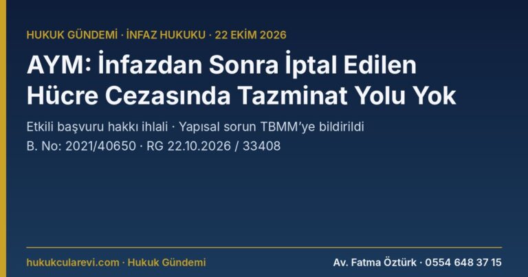 AYM: İnfazdan Sonra İptal Edilen Hücre Cezasında Tazminat Yolu Yok — Etkili Başvuru Hakkı İhlali, Yapısal Sorun TBMM’ye Bildirildi (B. No: 2021/40650)