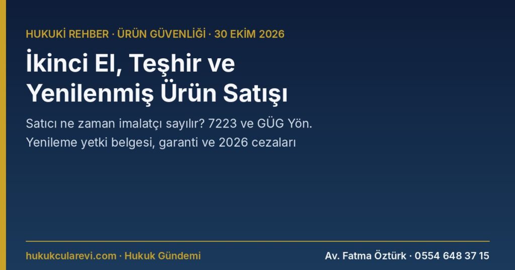 İkinci El, Teşhir ve Yenilenmiş Ürün Satışında Ürün Güvenliği 2026: Satıcı Ne Zaman İmalatçı Sayılır, Yenileme Merkezi Yetki Belgesi, Garanti, Toplatma ve İdari Para Cezası — 7223 s.K. m.4, 10, 11; GÜG Yön. m.2/5; 6502 m.57/A İkinci El, Teşhir ve Yenilenmiş Ürün Satışında Ürün Güvenliği 2026: Satıcı Ne Zaman İmalatçı Sayılır, Yenileme Merkezi Yetki Belgesi, Garanti, Toplatma ve İdari Para Cezası — 7223 s.K. m.4, 10, 11; GÜG Yön. m.2/5; 6502 m.57/A