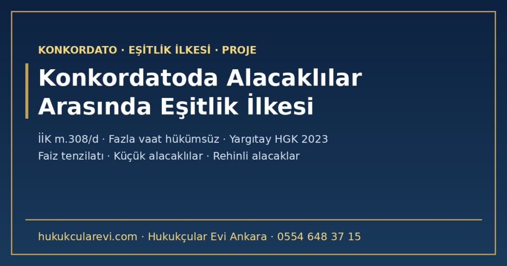 Konkordatoda Alacaklılar Arasında Eşitlik İlkesi 2026: Farklı Oran ve Takvim Ne Zaman Mümkün? — Fazla Vaat Yasağı (İİK m.308/d), Küçük Alacaklılar, Rehinli Alacaklar ve Yargıtay Kararları Konkordatoda Alacaklılar Arasında Eşitlik İlkesi 2026: Farklı Oran ve Takvim Ne Zaman Mümkün? — Fazla Vaat Yasağı (İİK m.308/d), Küçük Alacaklılar, Rehinli Alacaklar ve Yargıtay Kararları