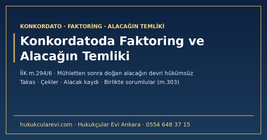 Konkordatoda Faktoring ve Alacağın Temliki 2026: Mühletten Sonra Doğan Alacağın Devri Hükümsüz (İİK m.294/6) — Takas, Çekler, Alacak Kaydı, Oylama ve Birlikte Sorumlular (İİK m.303) Konkordatoda Faktoring ve Alacağın Temliki 2026: Mühletten Sonra Doğan Alacağın Devri Hükümsüz (İİK m.294/6) — Takas, Çekler, Alacak Kaydı, Oylama ve Birlikte Sorumlular (İİK m.303)