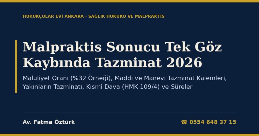 Malpraktis Sonucu Tek Göz Kaybında Tazminat 2026 — Maluliyet Oranı (%32 Örneği), Maddi ve Manevi Tazminat Kalemleri, Yakınların Tazminatı, Kısmi Dava (HMK 109/4) ve Süreler Malpraktis Sonucu Tek Göz Kaybında Tazminat 2026 — Maluliyet Oranı (%32 Örneği), Maddi ve Manevi Tazminat Kalemleri, Yakınların Tazminatı, Kısmi Dava (HMK 109/4) ve Süreler